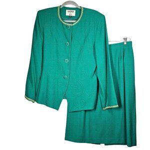 Kasper Womens 14 Green Embroidered Blazer Skirt Suit Set career formal